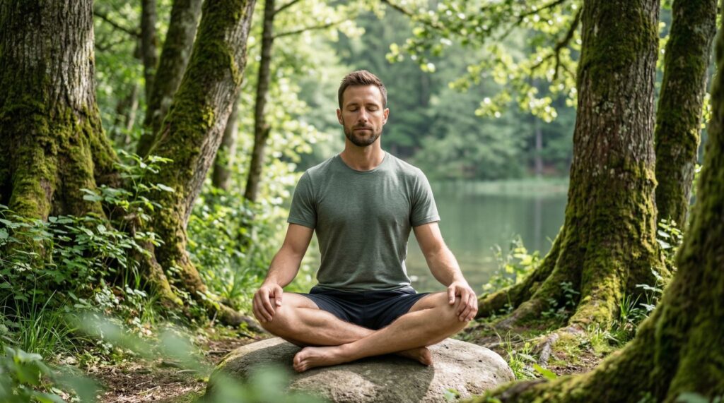 Mężczyzna medytujący w naturze